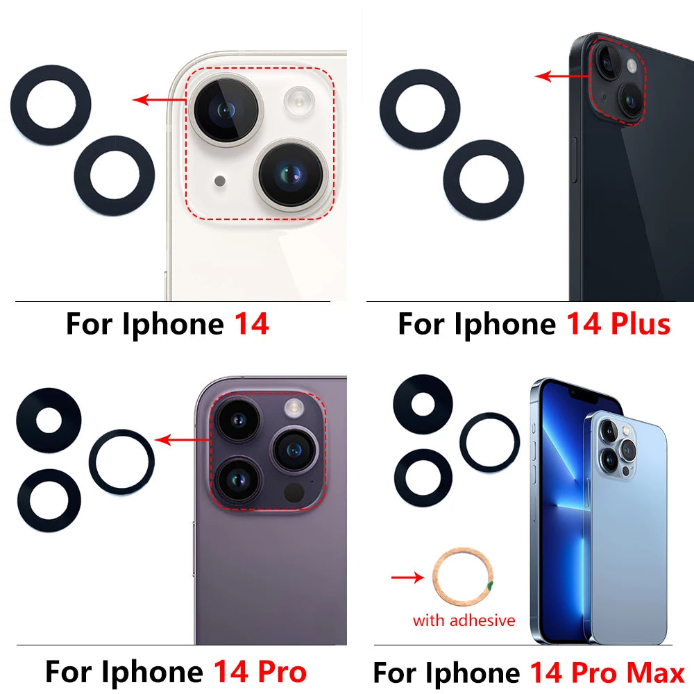 10Pcs/Lot,  For iPhone X XR XS 11 12 13 14 15 16 Pro Max Mini Plus Rear Back Camera Glass Lens With Ahesive