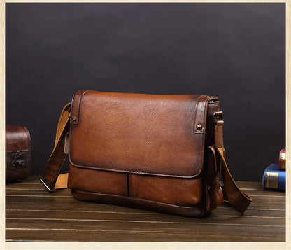 Business casual leather men's bag horizontal section cowhide vintage shoulder messenger bag men laptop bags postal briefcases