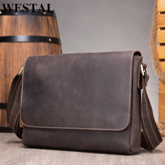 WESTAL 13inch Computer Bags Crazy Horse Leather Men's Briefcases Laptop Bag Office Bags for Men Cover Shoulder Messenger Bags