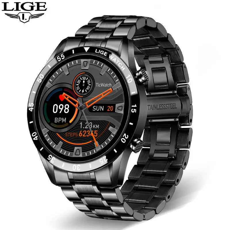 LIGE Luxury Full Circle Touch Screen Men Smart Watch Bluetooth Call Steel Band Waterproof Sports Fitness Watch For Android IOS