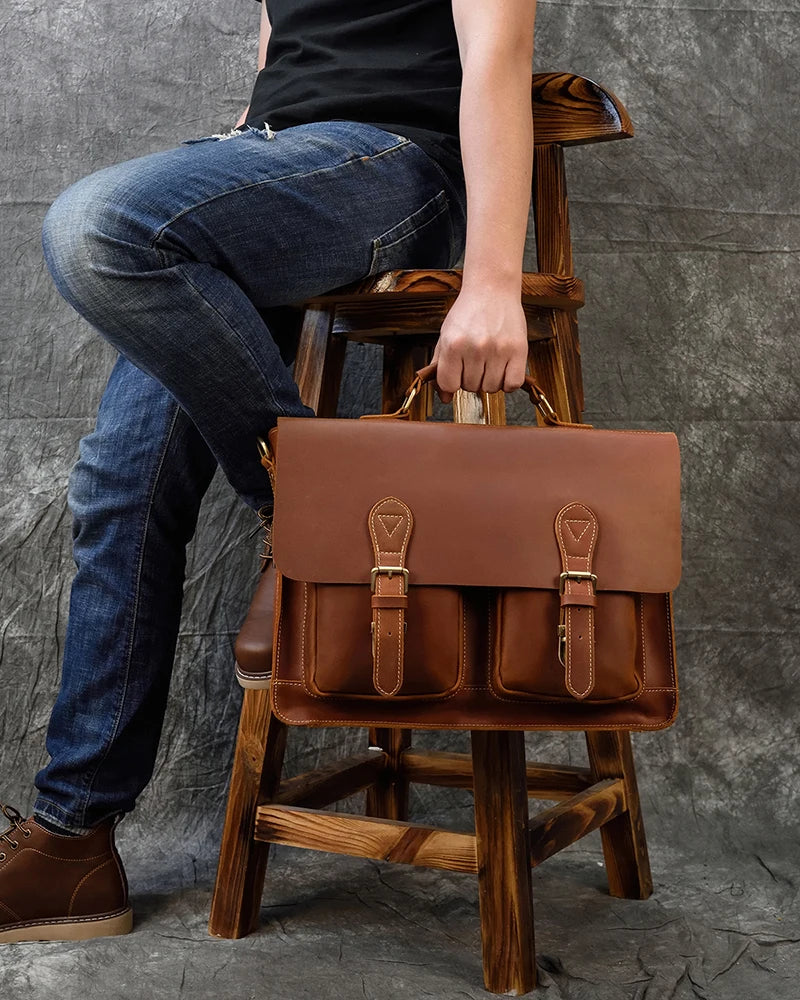 Vintage Men Briefcase Crazy Horse Genuine Leather Man Male Laptop Handbag Large Shoulder Messenger Portfolio Bag Business Case