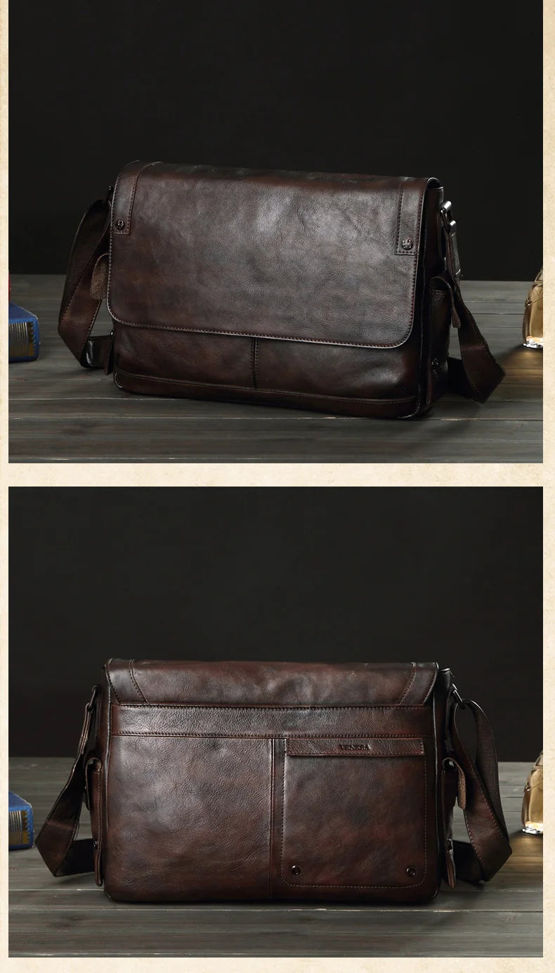 Business casual leather men's bag horizontal section cowhide vintage shoulder messenger bag men laptop bags postal briefcases