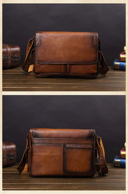 Business casual leather men's bag horizontal section cowhide vintage shoulder messenger bag men laptop bags postal briefcases