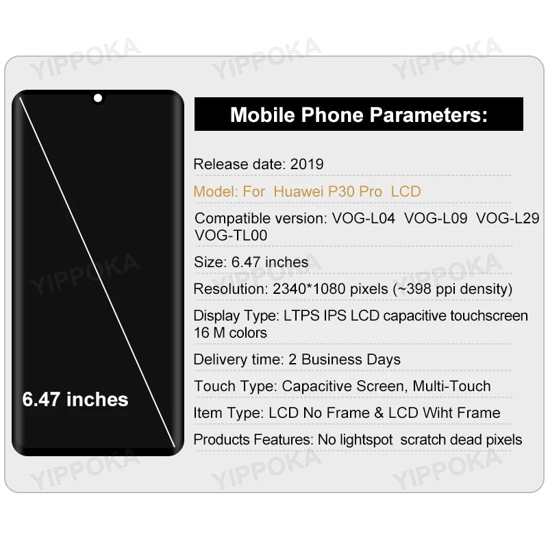 AMOLED Display For Huawei P30 Pro LCD Display Touch Screen Digitizer For Huawei VOG-L29 VOG-L09 VOG-L04 LCD Replacement Parts