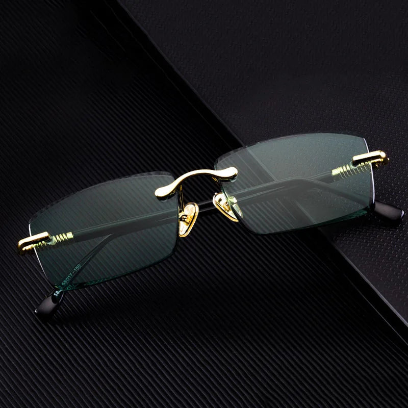 Vintage Rimless Sunglasses Men Natural Crystal Stone Sun Glasses Women Retro Green Lens Sunglass Goggles UV400 Oculos De Sol