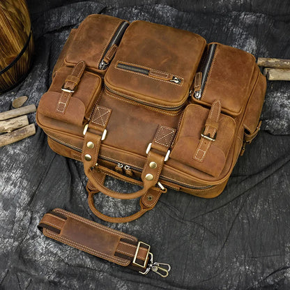 Vintage Men Crazy Horse Leather Briefcase Large Laptop Genuine Leather Business Bag Work Tote Travel Bag Cowhide Messenger Bag