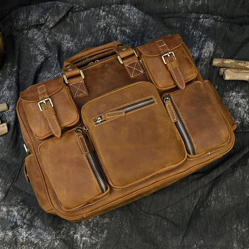 Vintage Men Crazy Horse Leather Briefcase Large Laptop Genuine Leather Business Bag Work Tote Travel Bag Cowhide Messenger Bag