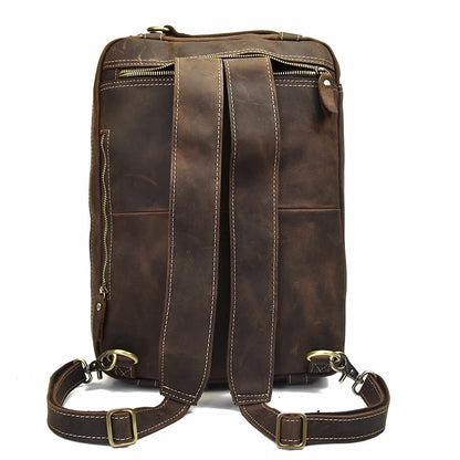 Men Thick Crazy Horse Leather Laptop Rucksack Large Capacity Genuine Leather