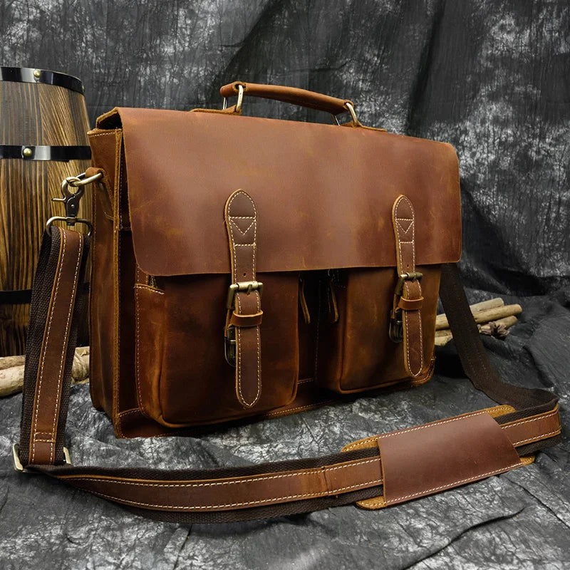 Vintage Men Briefcase Crazy Horse Genuine Leather Man Male Laptop Handbag Large Shoulder Messenger Portfolio Bag Business Case