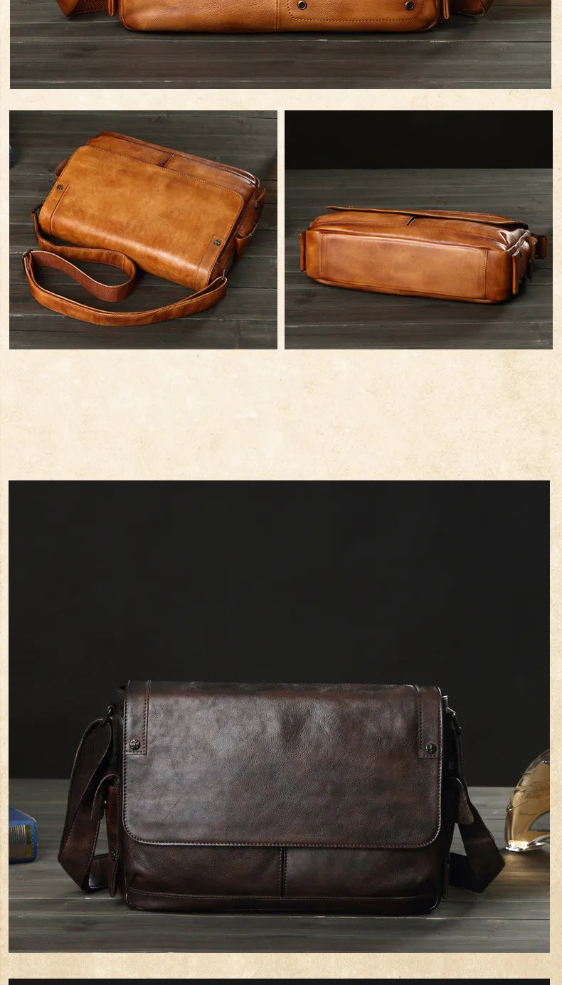 Business casual leather men's bag horizontal section cowhide vintage shoulder messenger bag men laptop bags postal briefcases