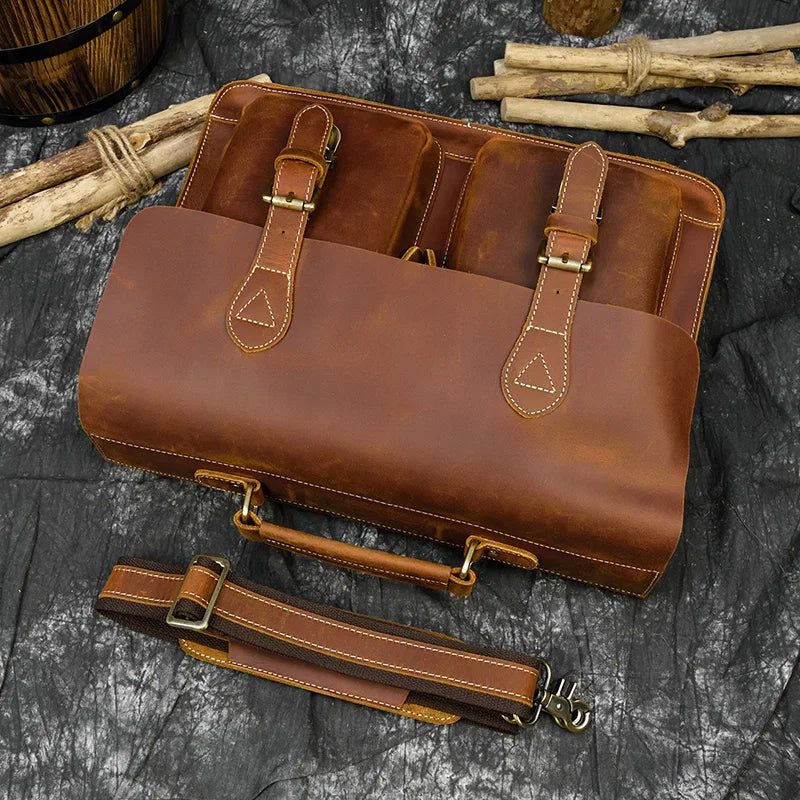 Vintage Men Briefcase Crazy Horse Genuine Leather Man Male Laptop Handbag Large Shoulder Messenger Portfolio Bag Business Case