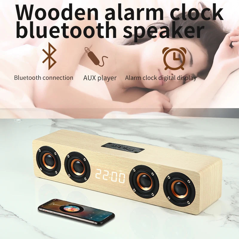 Wooden Bluetooth Speaker Portable Wireless Subwoofer Clock Soundbox Home Computer Echo Wall Soundbar HiFi Stereo TF AUX U Disk