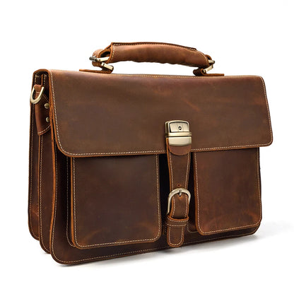 Top Grade Thick Genuine Leather Men Briefcase 15" Laptop Cow Leather Business Bag Tote Man Briefcase With Shoulder Strap