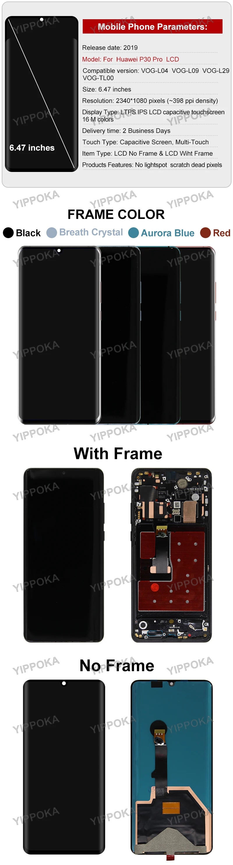 AMOLED Display For Huawei P30 Pro LCD Display Touch Screen Digitizer For Huawei VOG-L29 VOG-L09 VOG-L04 LCD Replacement Parts