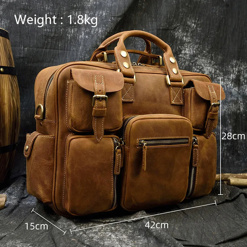 Vintage Men Crazy Horse Leather Briefcase Large Laptop Genuine Leather Business Bag Work Tote Travel Bag Cowhide Messenger Bag