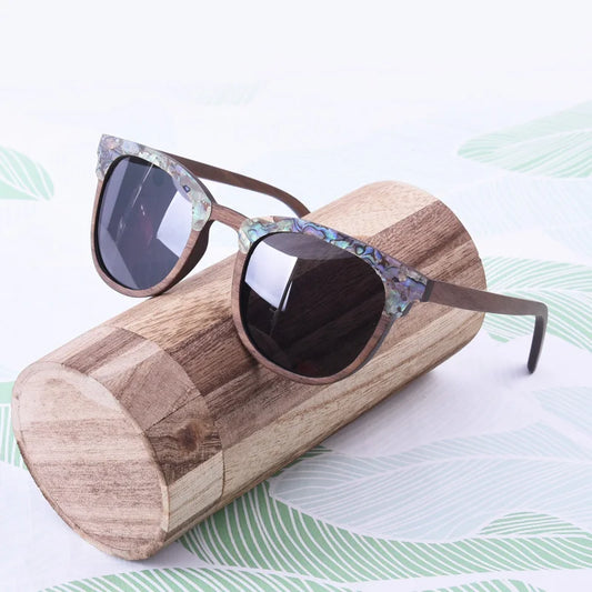 Abalone Seashell Sunglasses Walnut Wood Dark Gray Polarized Lens Brand Designer Wedding Sun Glasses Birthday Gift