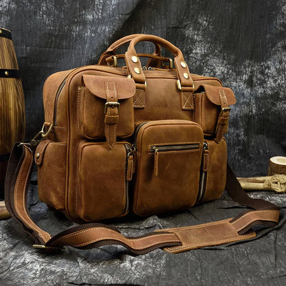 Vintage Men Crazy Horse Leather Briefcase Large Laptop Genuine Leather Business Bag Work Tote Travel Bag Cowhide Messenger Bag