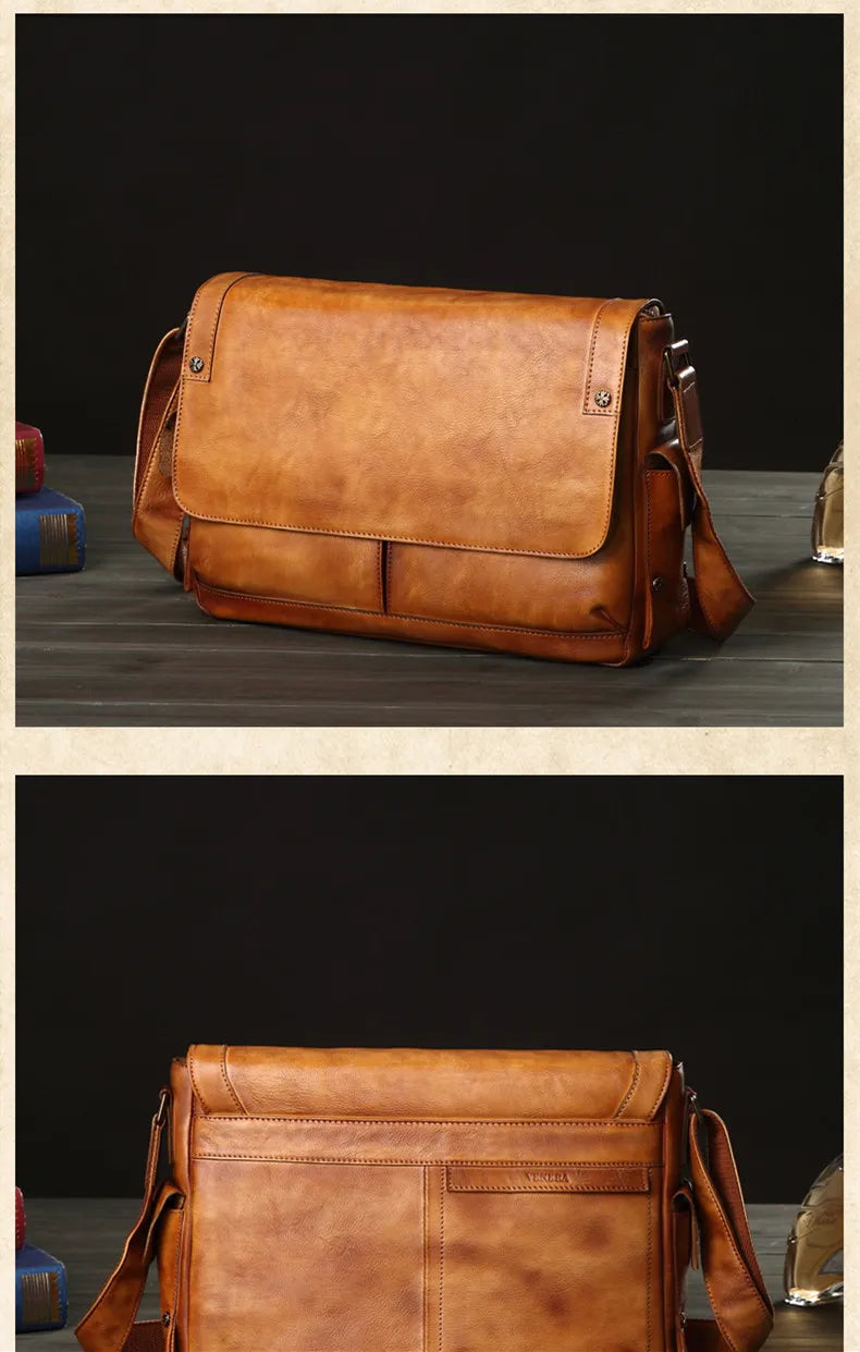 Business casual leather men's bag horizontal section cowhide vintage shoulder messenger bag men laptop bags postal briefcases