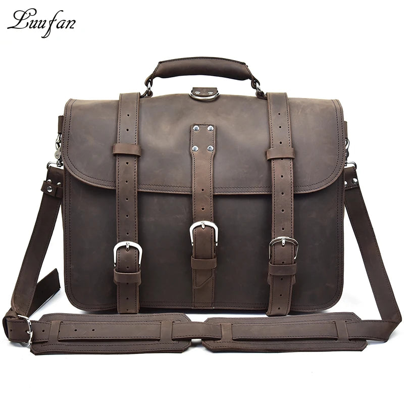 Men Thick Crazy Horse Leather Laptop Rucksack Large Capacity Genuine Leather