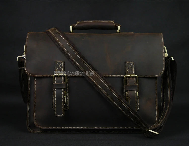 Vintage Crazy Horse Genuine Leather Men Briefcase 15" Laptop Bag Work Business Bag Shoulder Messenger Bag Male Tote Handbag M088