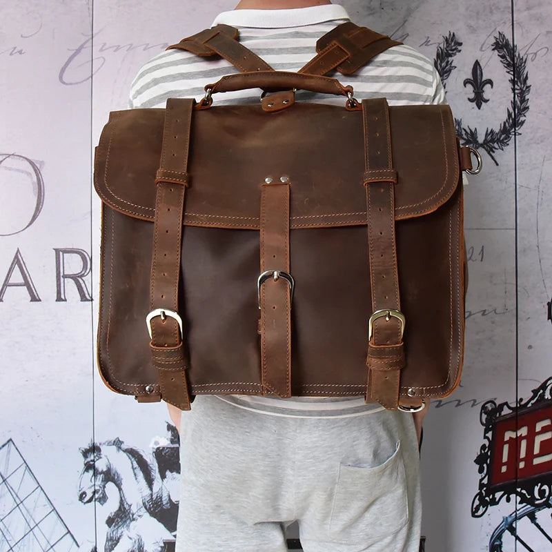 Men Thick Crazy Horse Leather Laptop Rucksack Large Capacity Genuine Leather