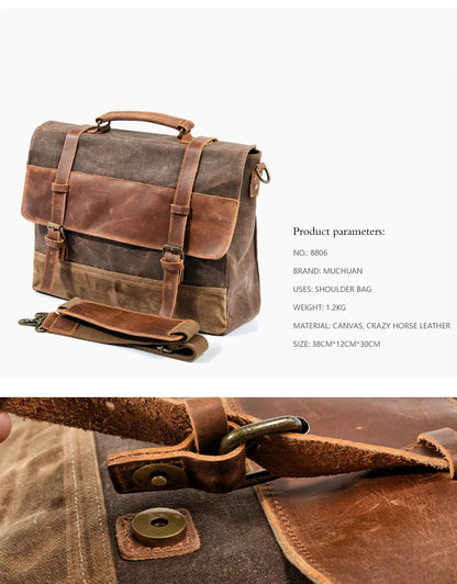 MUCHUAN Oil Wax Canvas Handbag Mens Waterproof Shoulder Bag Vintage Canvas Leather Briefcases 14" Laptop Messenger Bags Large