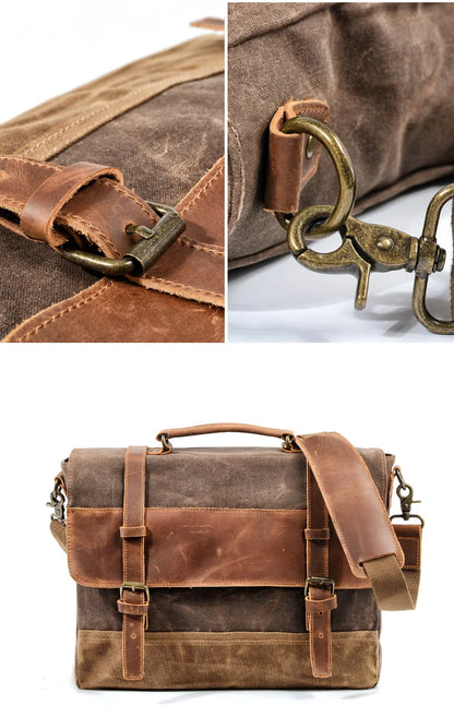 MUCHUAN Oil Wax Canvas Handbag Mens Waterproof Shoulder Bag Vintage Canvas Leather Briefcases 14" Laptop Messenger Bags Large