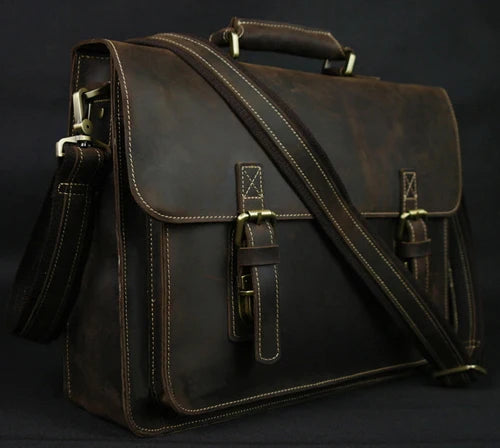 Vintage Crazy Horse Genuine Leather Men Briefcase 15" Laptop Bag Work Business Bag Shoulder Messenger Bag Male Tote Handbag M088