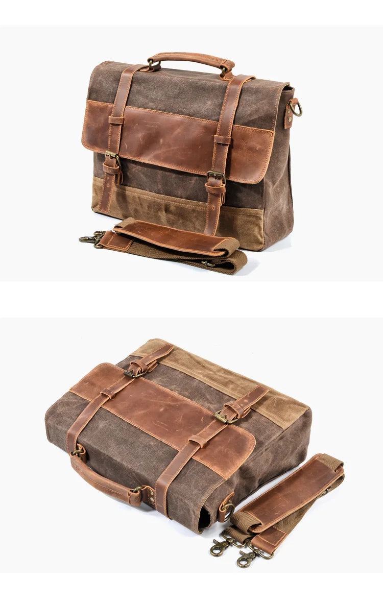 MUCHUAN Oil Wax Canvas Handbag Mens Waterproof Shoulder Bag Vintage Canvas Leather Briefcases 14" Laptop Messenger Bags Large