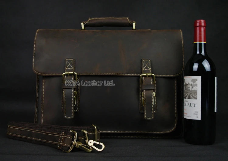 Vintage Crazy Horse Genuine Leather Men Briefcase 15" Laptop Bag Work Business Bag Shoulder Messenger Bag Male Tote Handbag M088