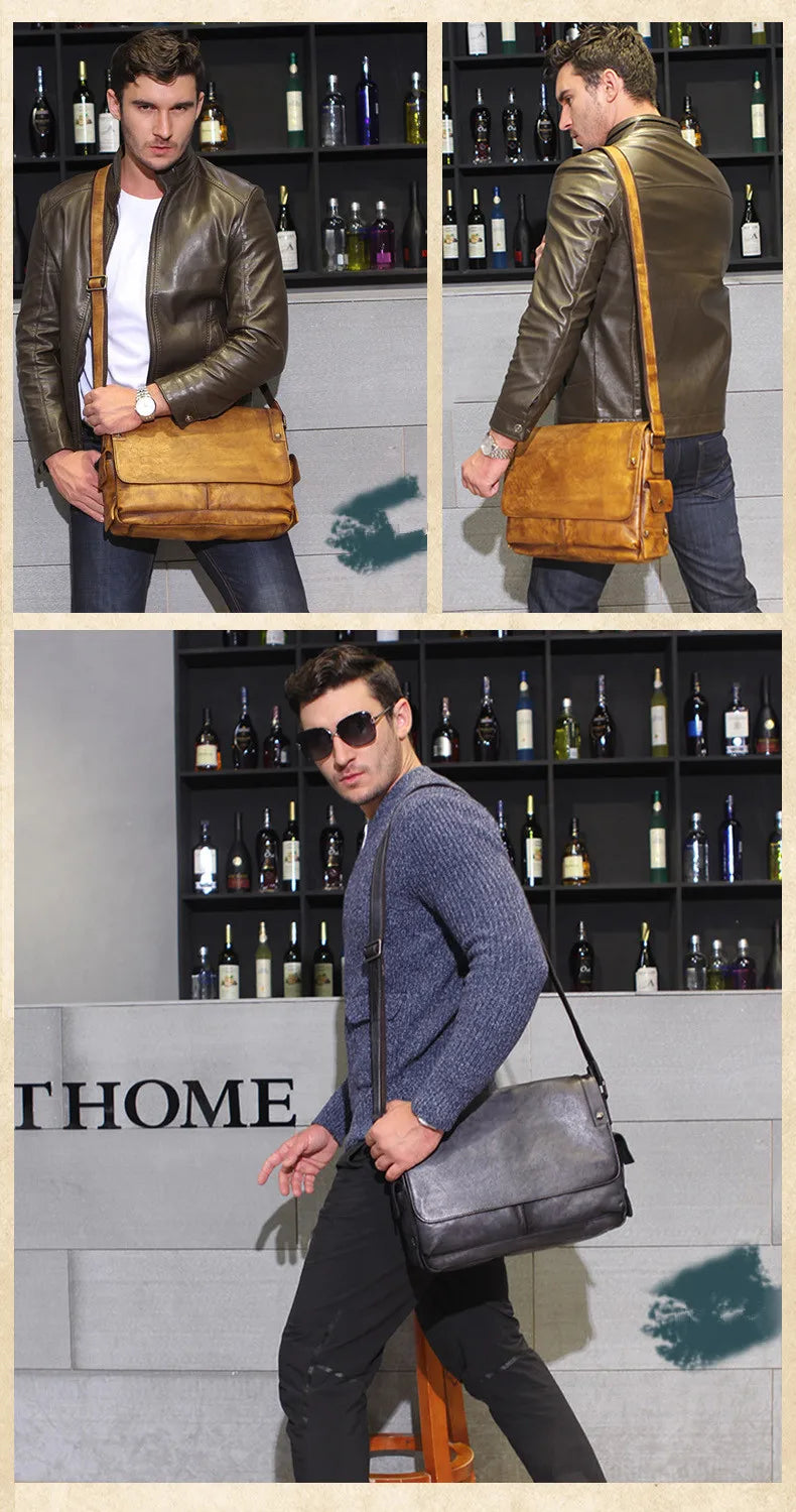 Business casual leather men's bag horizontal section cowhide vintage shoulder messenger bag men laptop bags postal briefcases