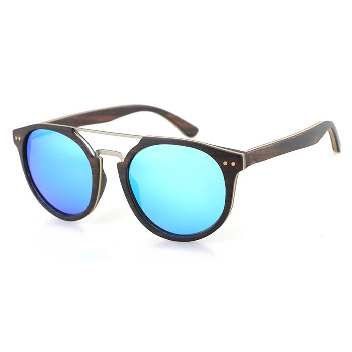 Vintage Round Wood Sunglasses For Men Women High Quality Polarized Blue Mirrored Lens UV400 Classic Sun Glasses