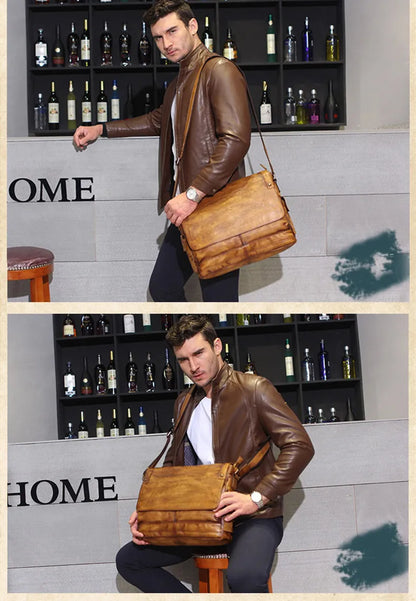 Business casual leather men's bag horizontal section cowhide vintage shoulder messenger bag men laptop bags postal briefcases