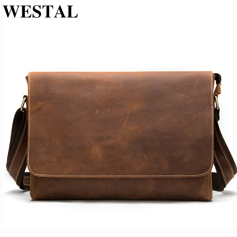 WESTAL 13inch Computer Bags Crazy Horse Leather Men's Briefcases Laptop Bag Office Bags for Men Cover Shoulder Messenger Bags