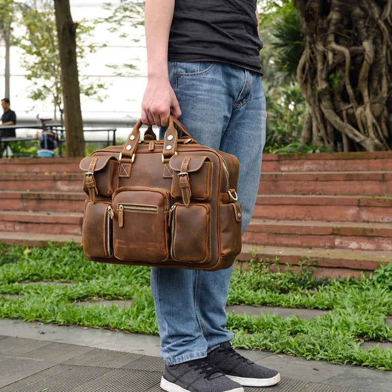 Fashion Natural Leather Men Briefcases With Shoulder Strap Mans Laptop Notebook Hand Bag 2019 New Business Briefcase Bag