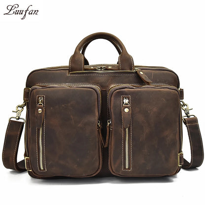 Men Thick Crazy Horse Leather Laptop Rucksack Large Capacity Genuine Leather