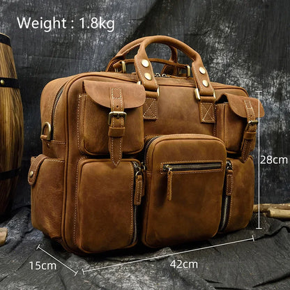 Luufan Vintage Crazy Horse Leather Men‘s Briefcase 15.6" Business Handbag Cow Leather Laptop Messenger Bag Big Files Work Tote