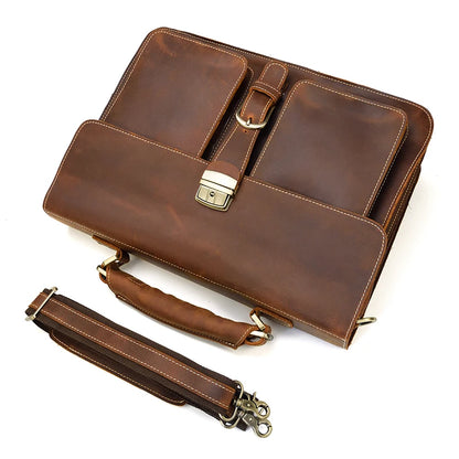 Top Grade Thick Genuine Leather Men Briefcase 15" Laptop Cow Leather Business Bag Tote Man Briefcase With Shoulder Strap