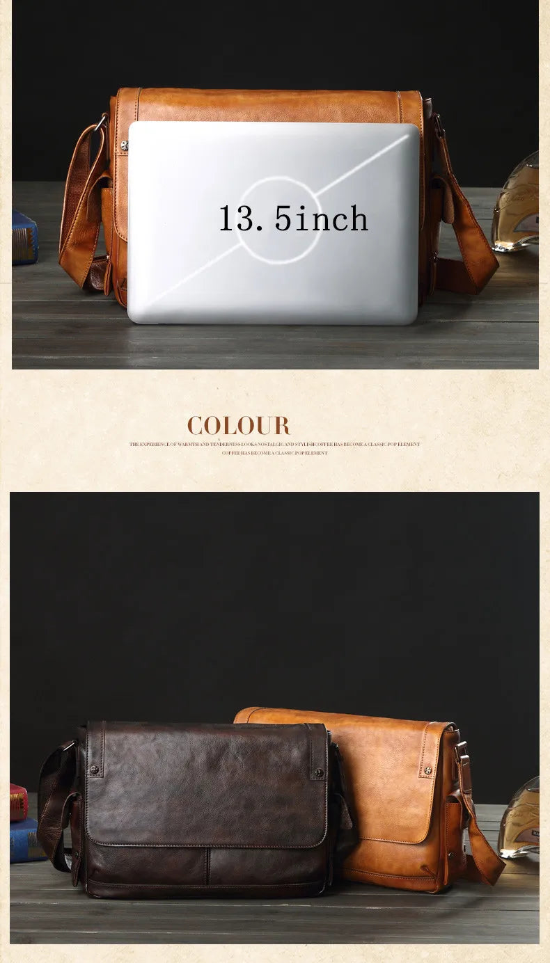 Business casual leather men's bag horizontal section cowhide vintage shoulder messenger bag men laptop bags postal briefcases