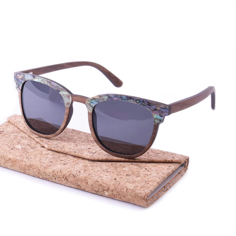 Abalone Seashell Sunglasses Walnut Wood Dark Gray Polarized Lens Brand Designer Wedding Sun Glasses Birthday Gift