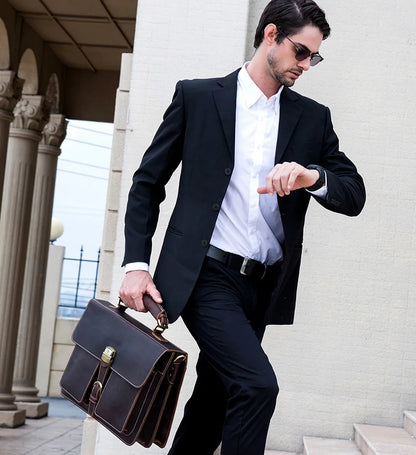 Top Grade Thick Genuine Leather Men Briefcase 15" Laptop Cow Leather Business Bag Tote Man Briefcase With Shoulder Strap