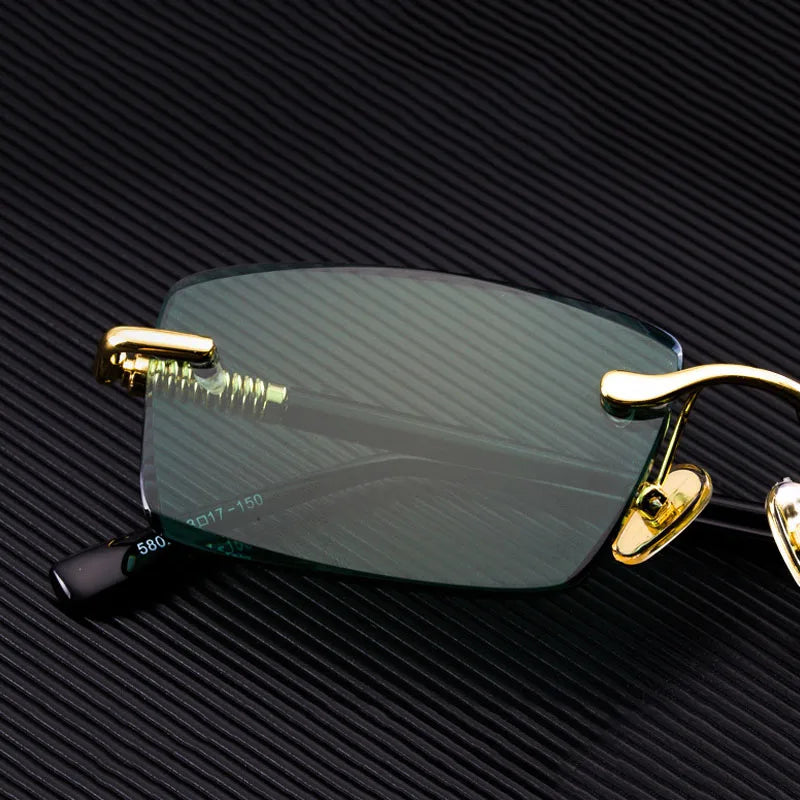 Vintage Rimless Sunglasses Men Natural Crystal Stone Sun Glasses Women Retro Green Lens Sunglass Goggles UV400 Oculos De Sol