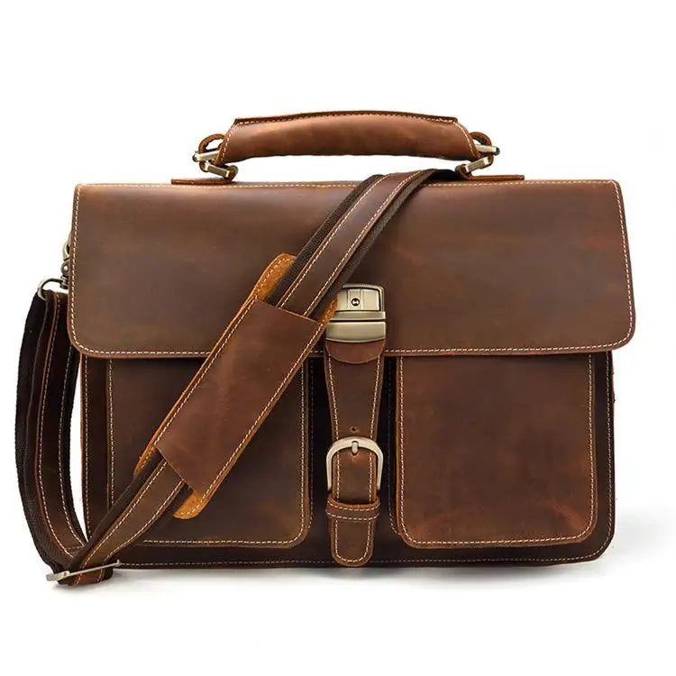 Top Grade Thick Genuine Leather Men Briefcase 15" Laptop Cow Leather Business Bag Tote Man Briefcase With Shoulder Strap