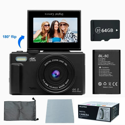 4K Digital Camera for Photography and 18X Digital Zoom Camera 64MP Compact Vlogging Camera 3'' 180° Flip Screen with Flash