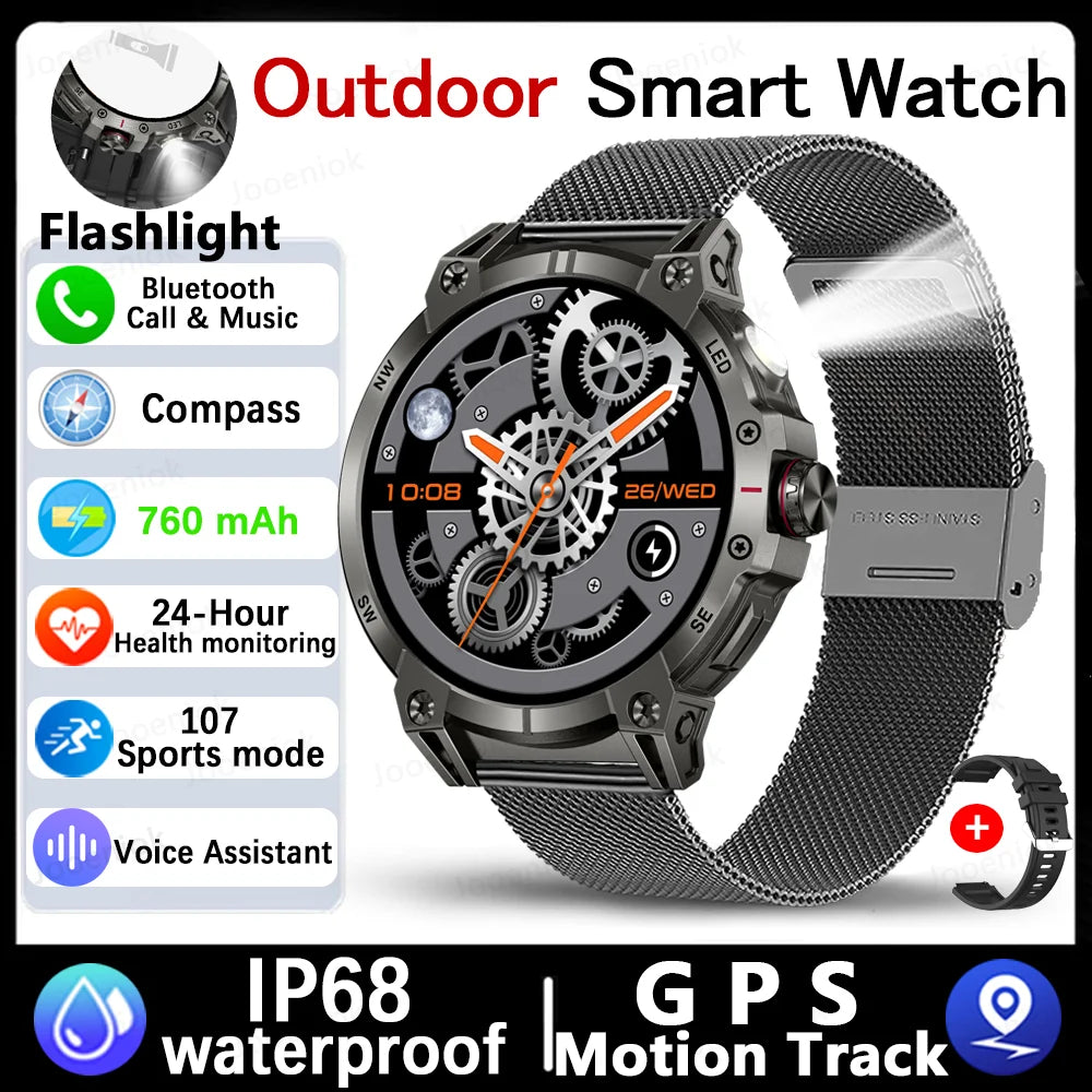 Military Smart Watch Men 760mAh Large Battery LED Flashlight Compass 1.8"HD Screen Heart rate Waterproof BT Call Smartwatch  New