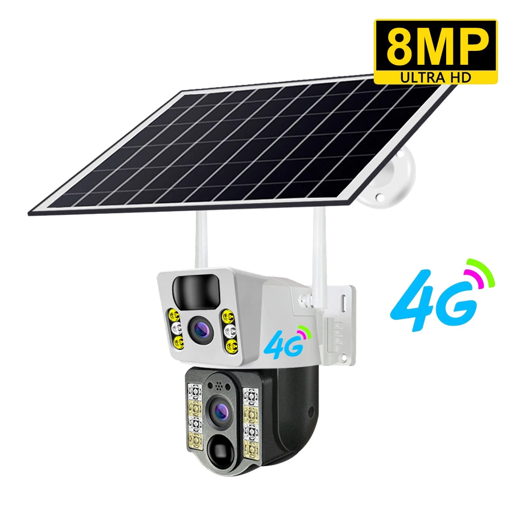 8MP 4K Wireless Solar Camera 4G Sim Outdoor Dual Lens Wifi IP Camera PIR Night Vision V380 Pro CCTV Security Protection Monitor