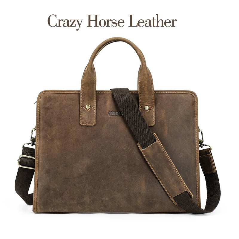 CONTACT'S Crazy Horse Leather Men Briefcase Business 14 inch Laptop Bag Large Capacity Male Shoulder Bag Messenger Handbag Tote