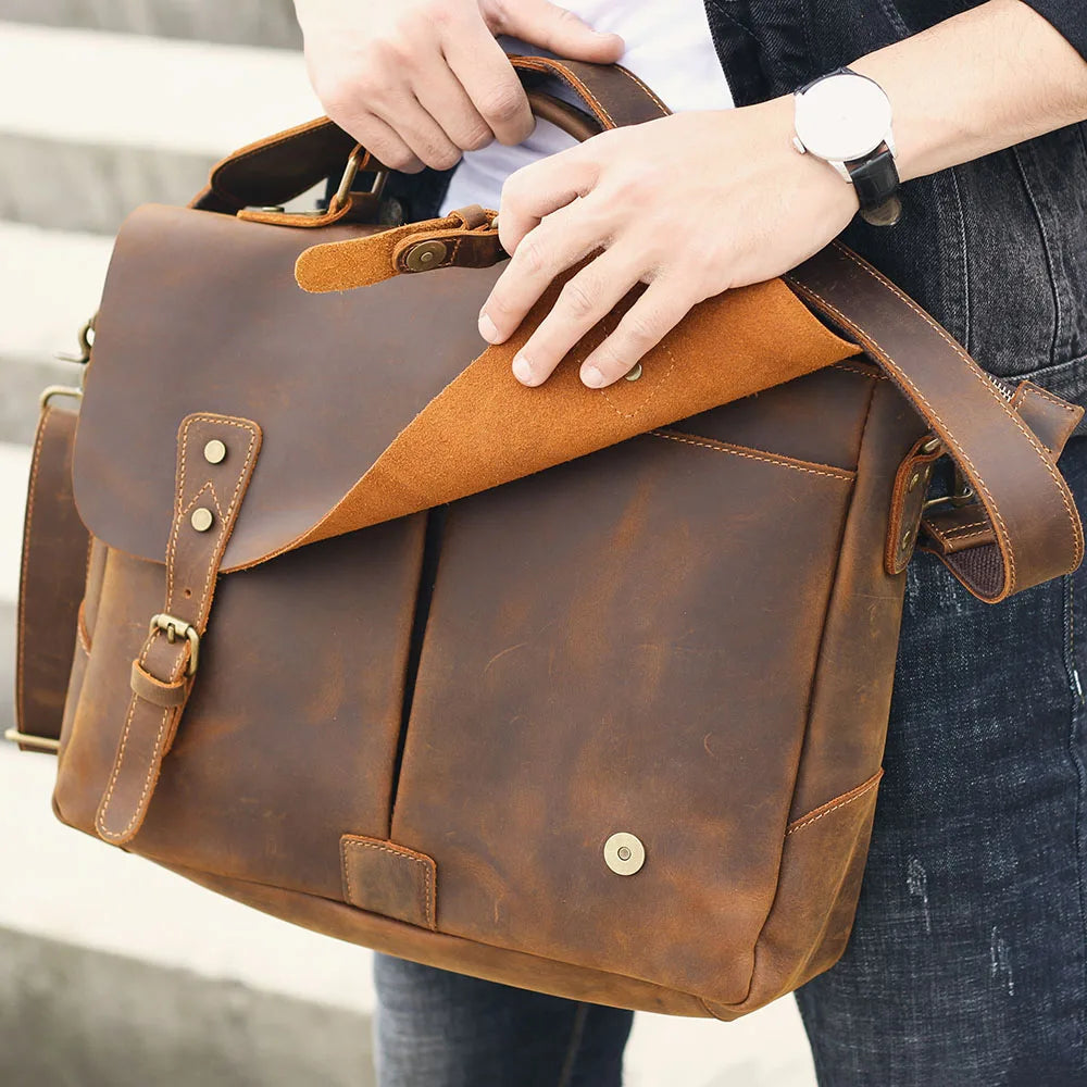 S.WORKER Vintage Genuine Leather Men's Briefcase Laptop Messenger Bag Crazy Horse Leather Handbag Cowhide Retro Casual Style