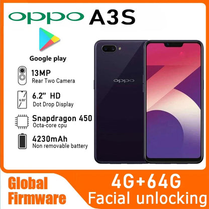 OPPO A3s smartphone Global firmware RAM 4GB ROM 64GB Qualcomm Snapdragon 450 Android 8.1 Facial Recognition 4230mAh Celular