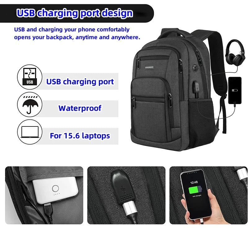 New Large Capacity Waterproof And Breathable Backpack, 15.6-inch Computer Bag, USB, Reserved Port For Headphone Cable  DOXUNGOO